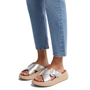 FITFLOP Eloise Crossover Slide Buckle Espadrille Silver Sandals Women’s Size 9
